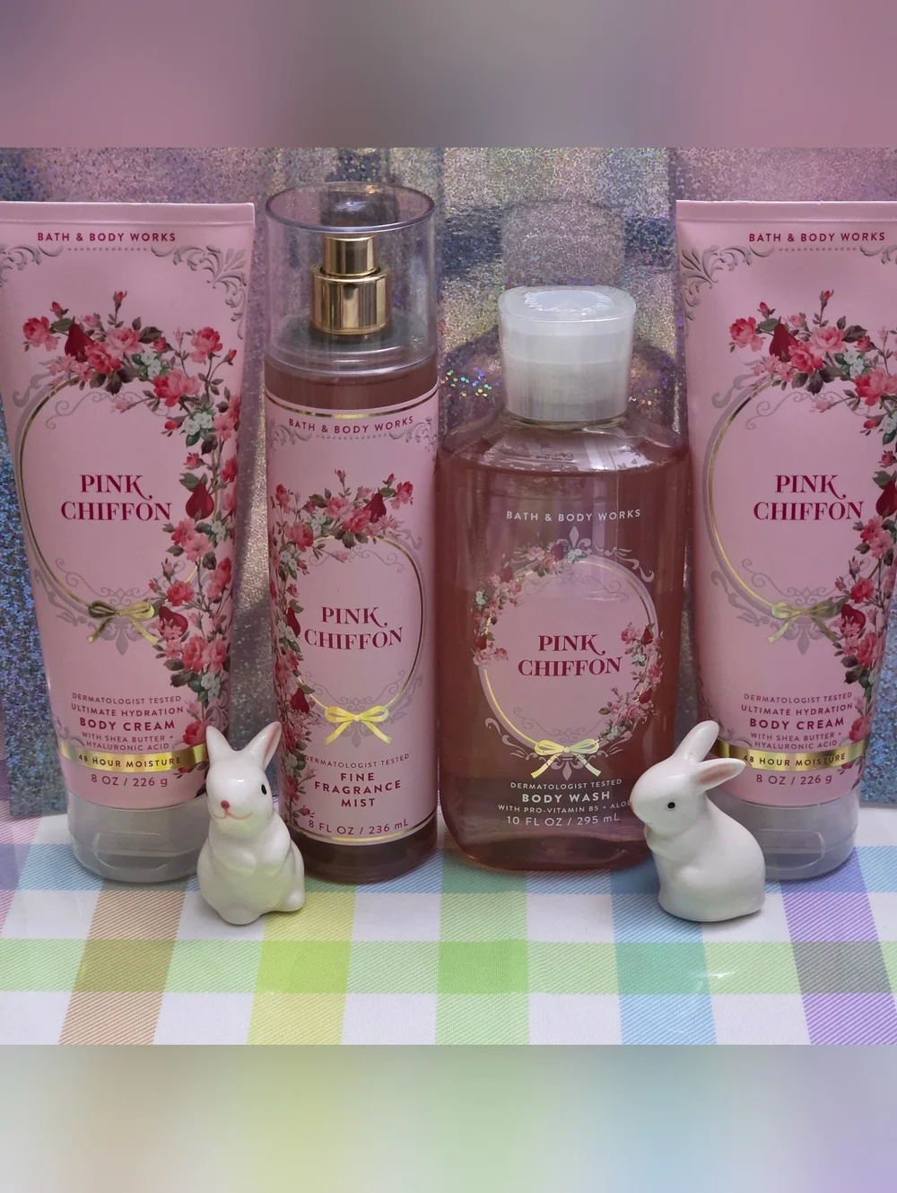 Bath & Body Works Pink Chiffon Body Wash, Cream, & Mist 4 Piece Set NEW Rare